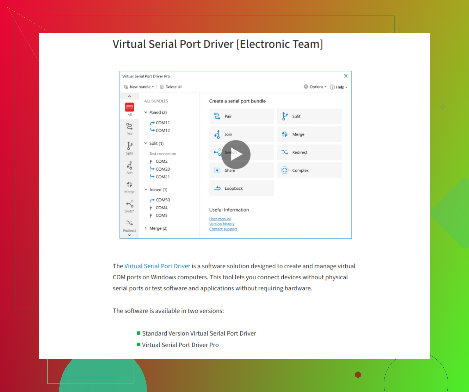 How do I set up a virtual COM port on my PC?