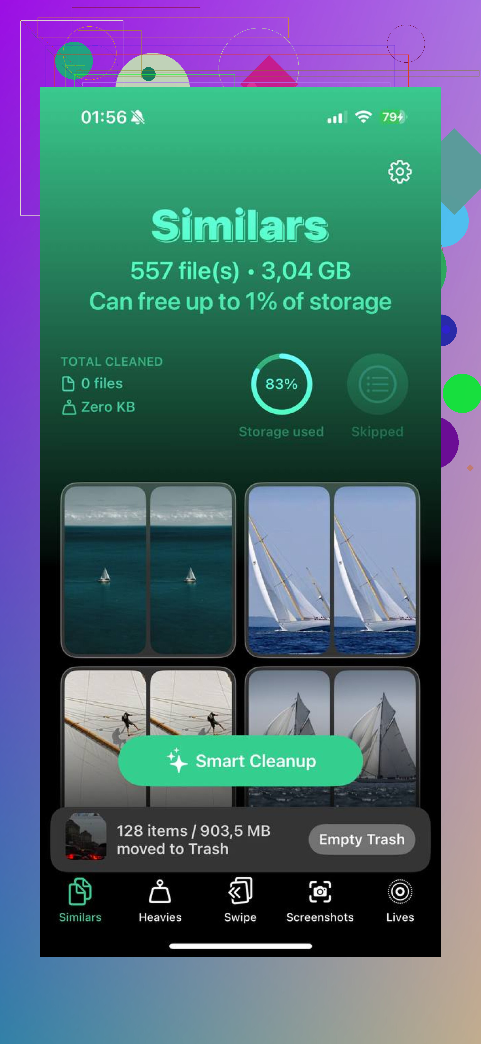How can I delete all iPhone photos at once and see file sizes?